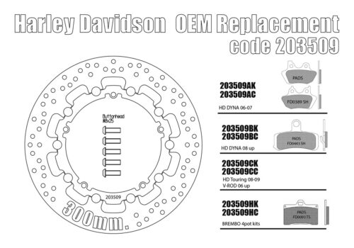 Harley Davidson (cast wheels) - OEM replacement front brake rotor (Black) 300mm & pads
