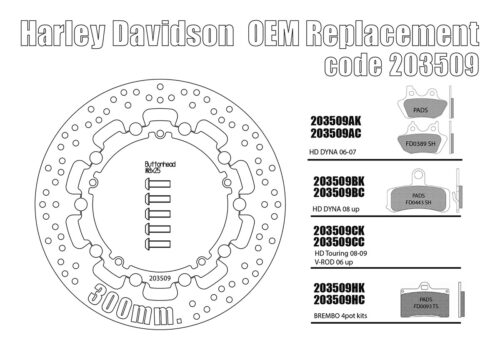 Harley Davidson (cast wheels) - OEM replacement front brake rotor (Chrome) 300mm & pads