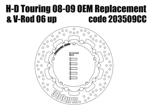 Disco freno anteriore 300mm di ricambio per Harley Davidson Dyna, V-Rod dal 06 e Touring dal 2008-09 - Harley Davidson Touring 2008-09 e V-Rod 06-17 (ruote in lega) – Disco freno anteriore (Cromato) 300mm di ricambio