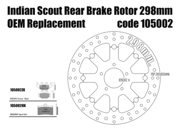 Indian Scout - OEM replacement rear brake rotor 298mm & pads - KIT