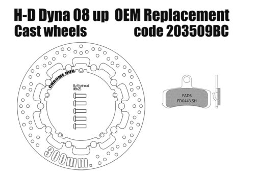 Harley Davidson Dyna 2008 up (cast wheels) OEM replacement front brake rotor (Chrome) 300mm & pads