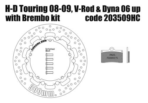 Harley Davidson Dyna & V-Rod 06 up and Touring 08-09 OEM replacement front brake rotor (Chrome) 300mm & pads for Brembo kits