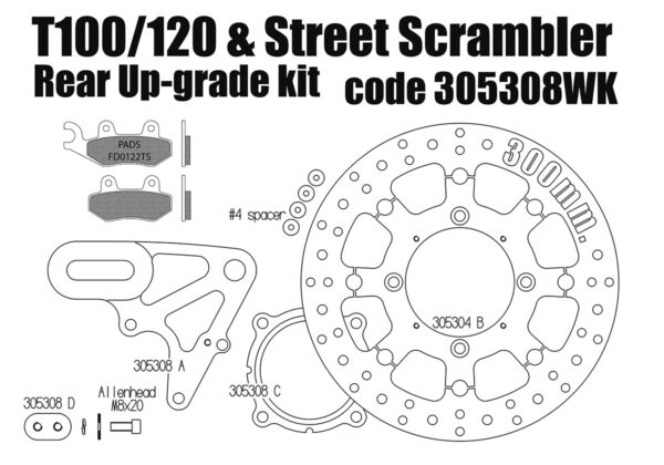 Triumph Street Scrambler & Bonneville T100/T120 - Upgrade Floating rear Brake Rotor & Pads kit
