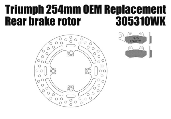 Rear brake rotor diam 254 mm & pads for Triumph