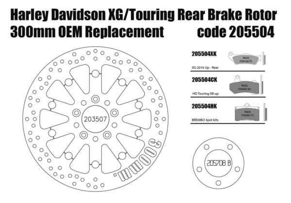 Harley Davidson Touring 2008 up & XG Street OEM replacement rear brake rotor 300mm & pads - KIT