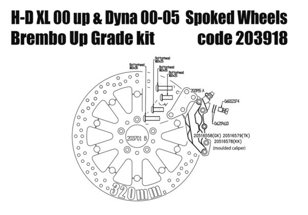 Harley Davidson Sportster 00 up & Dyna 00-05 with spoked wheels - Bolt-in kit with 4p. caliper & rotor 320 mm - KIT