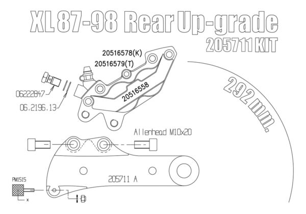 Rear brake caliper 4 pot kit for Harley Davidson Sportster until 2003 (Rotor diam 11"1/2)