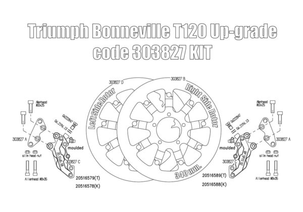 Bolt-in Upgrade braking kit for Triumph Bonneville T120 (4p. calipers & rotors diam. 340 mm)